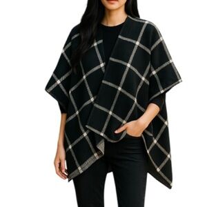 LAUREN RALPH LAUREN Reversable Cape Black Plaid/ Grey Herringbone Prep Classic